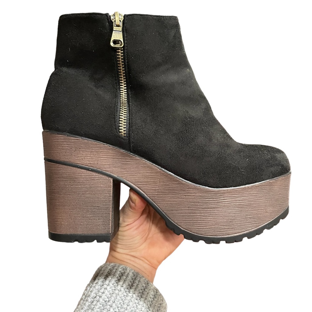 Black vegan suede platform ankle boots with gold zipper, light weight & comfy. - Picture 7 of 7
